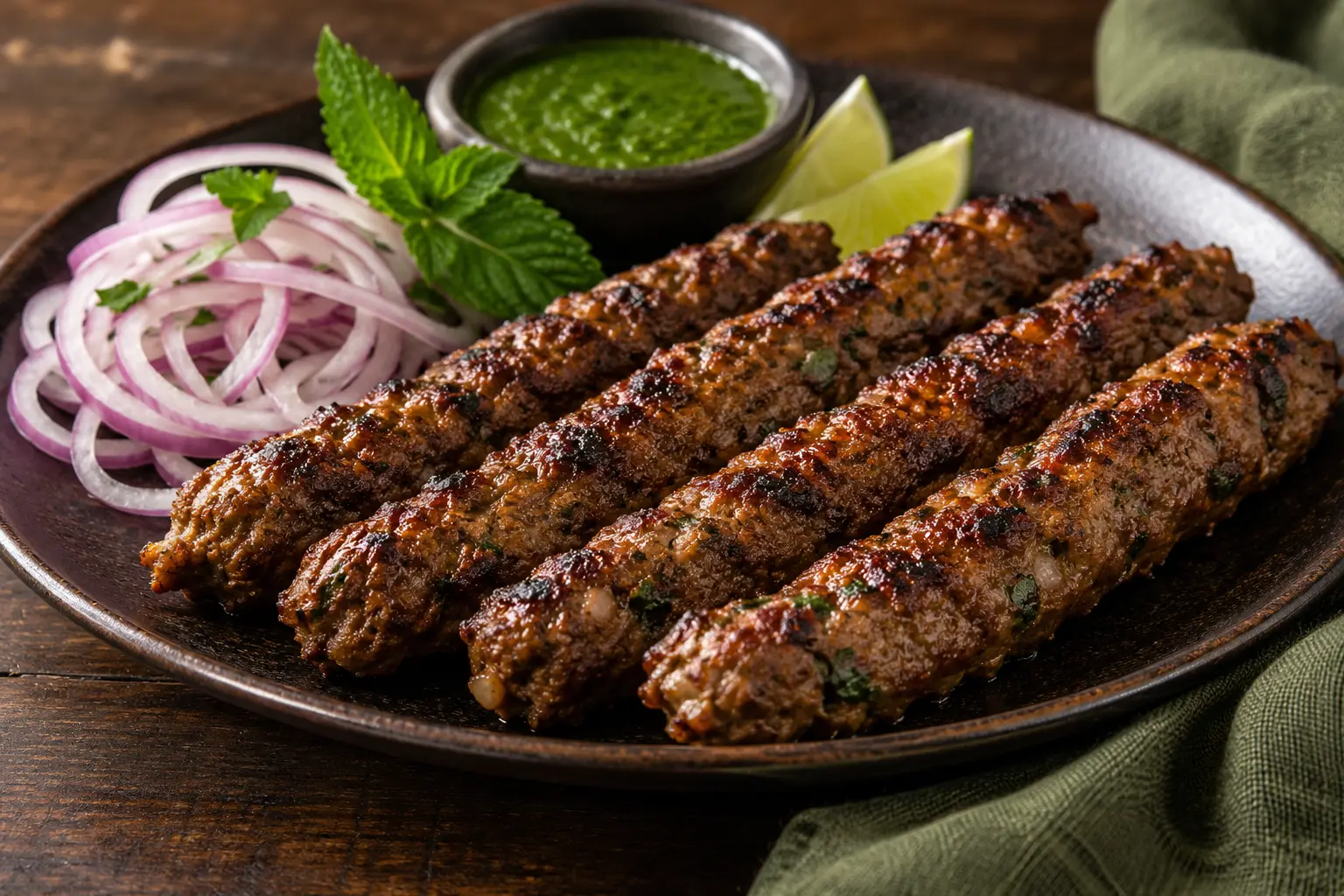 Freshly grilled beef seekh kebabs